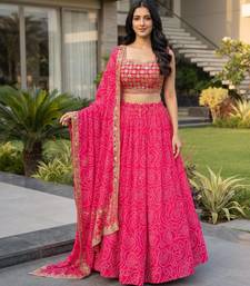 Rani Pink Printed Embroidery Work Georgette Navratri Lehenga choli set