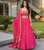 Rani Pink Printed Embroidery Work Georgette Navratri Lehenga choli set