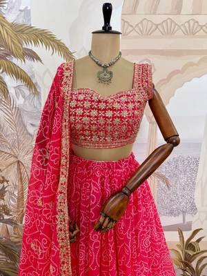 Rani Pink Printed Embroidery Work Georgette Navratri Lehenga choli set 2