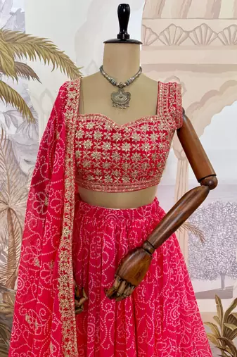 Rani Pink Printed Embroidery Work Georgette Navratri Lehenga choli set
