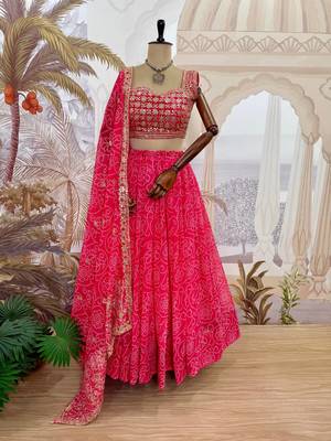 Rani Pink Printed Embroidery Work Georgette Navratri Lehenga choli set 3