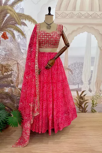 Rani Pink Printed Embroidery Work Georgette Navratri Lehenga choli set