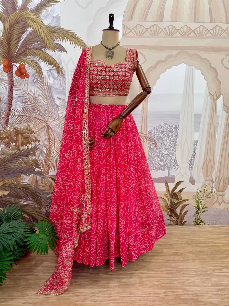Rani Pink Printed Embroidery Work Georgette Navratri Lehenga choli set