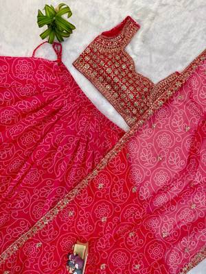 Rani Pink Printed Embroidery Work Georgette Navratri Lehenga choli set 4
