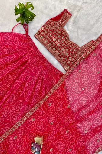 Rani Pink Printed Embroidery Work Georgette Navratri Lehenga choli set