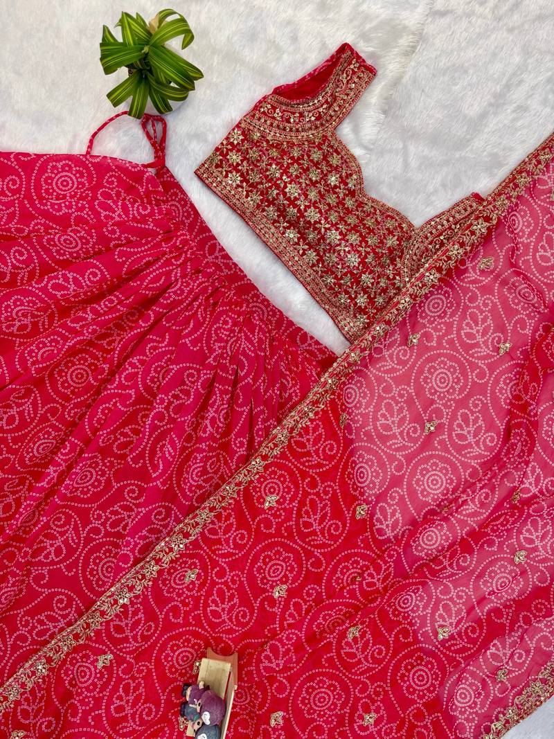 Rani Pink Printed Embroidery Work Georgette Navratri Lehenga choli set