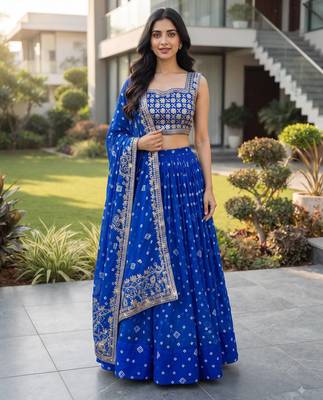 Royal Blue Printed Embroidery Work Georgette Navratri Lehenga choli set 1