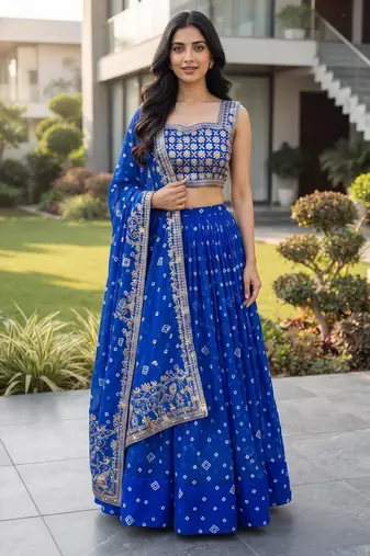 Royal Blue Printed Embroidery Work Georgette Navratri Lehenga choli set