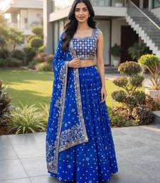 Royal Blue Printed Embroidery Work Georgette Navratri Lehenga choli set