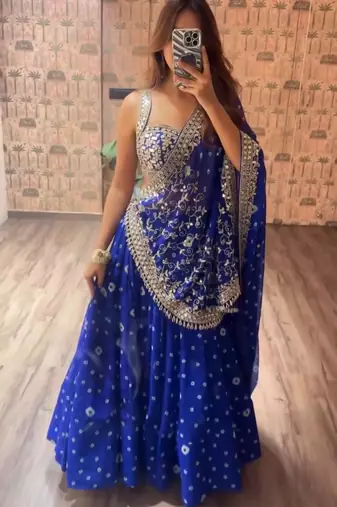 Royal Blue Printed Embroidery Work Georgette Navratri Lehenga choli set