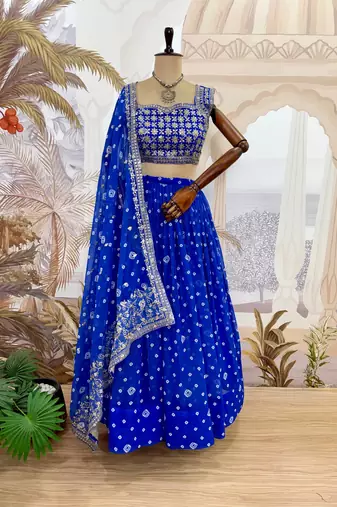 Royal Blue Printed Embroidery Work Georgette Navratri Lehenga choli set
