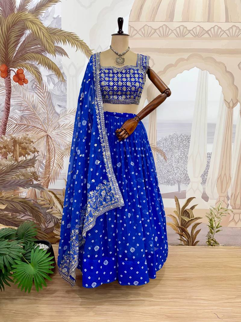 Royal Blue Printed Embroidery Work Georgette Navratri Lehenga choli set