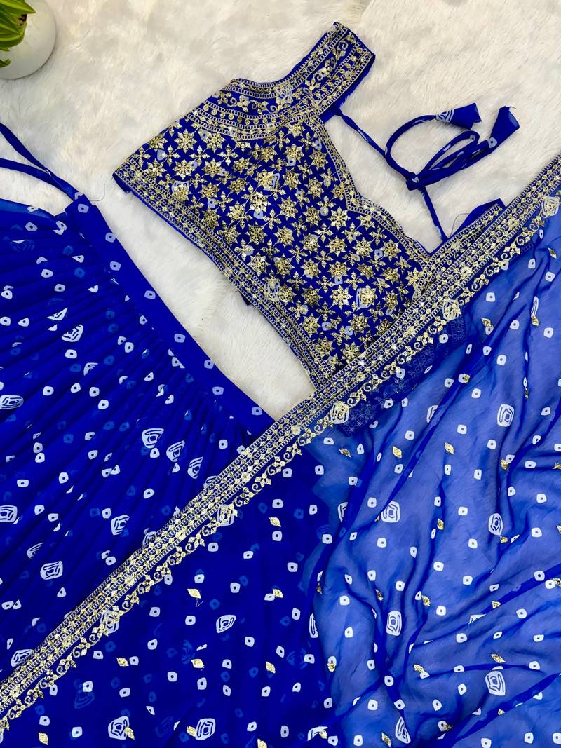 Royal Blue Printed Embroidery Work Georgette Navratri Lehenga choli set