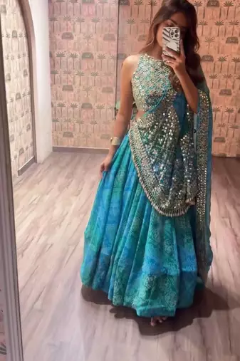 Teal Printed Embroidery Work Georgette Navratri Lehenga choli set