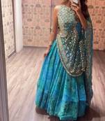 Teal Printed Embroidery Work Georgette Navratri Lehenga choli set