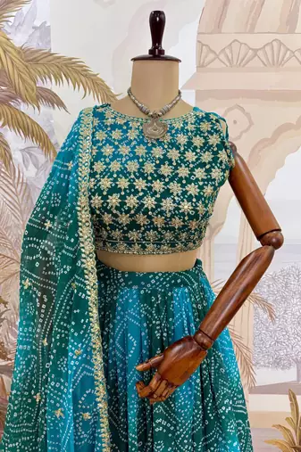 Teal Printed Embroidery Work Georgette Navratri Lehenga choli set