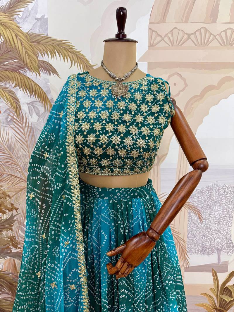 Teal Printed Embroidery Work Georgette Navratri Lehenga choli set