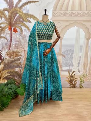 Teal Printed Embroidery Work Georgette Navratri Lehenga choli set 3