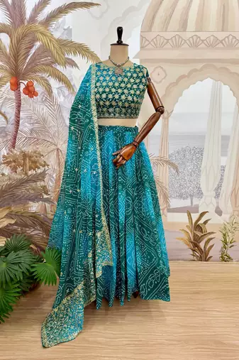 Teal Printed Embroidery Work Georgette Navratri Lehenga choli set