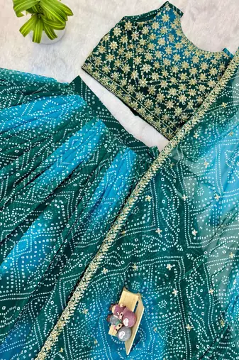 Teal Printed Embroidery Work Georgette Navratri Lehenga choli set