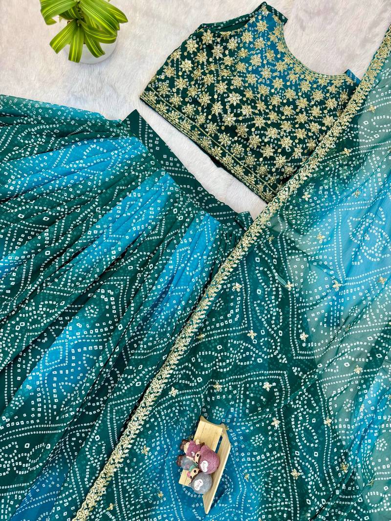 Teal Printed Embroidery Work Georgette Navratri Lehenga choli set