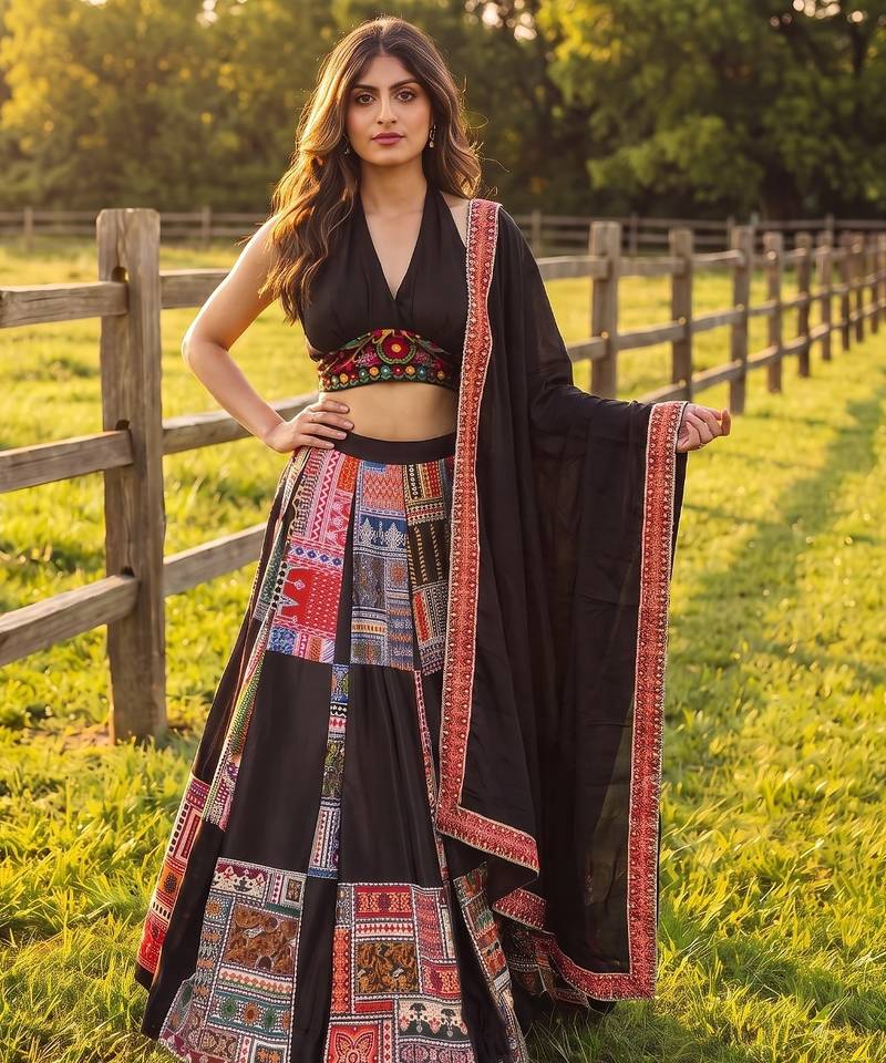 Captivating black printed Frensh Crepe Indian festival Navratri Special Chaniya choli