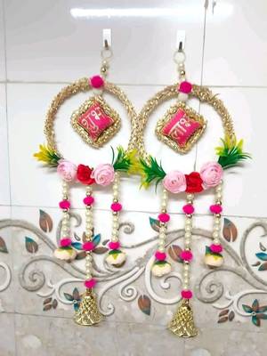 traditional hanging lace chudi shubh labh cushion peony beaded bell hanging decor (pack of 2) 1
