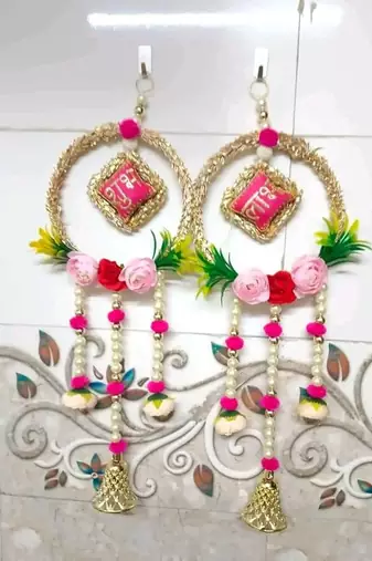 traditional hanging lace chudi shubh labh cushion peony beaded bell hanging decor (pack of 2)