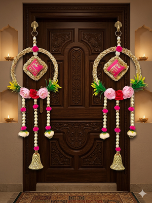 traditional hanging lace chudi shubh labh cushion peony beaded bell hanging decor (pack of 2) 2
