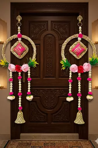 traditional hanging lace chudi shubh labh cushion peony beaded bell hanging decor (pack of 2)