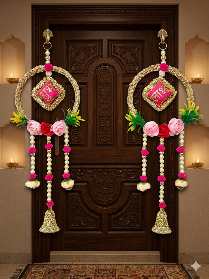 traditional hanging lace chudi shubh labh cushion peony beaded bell hanging decor (pack of 2)