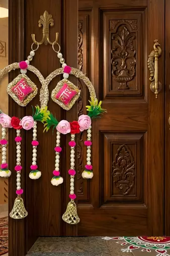 traditional hanging lace chudi shubh labh cushion peony beaded bell hanging decor (pack of 2)