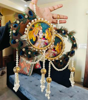 radha krishna peacock feather ring hanging decorative wall hanging handmade home decor (pack of 2) 1