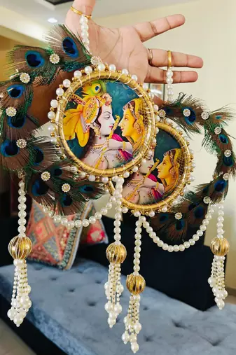 radha krishna peacock feather ring hanging decorative wall hanging handmade home decor (pack of 2)