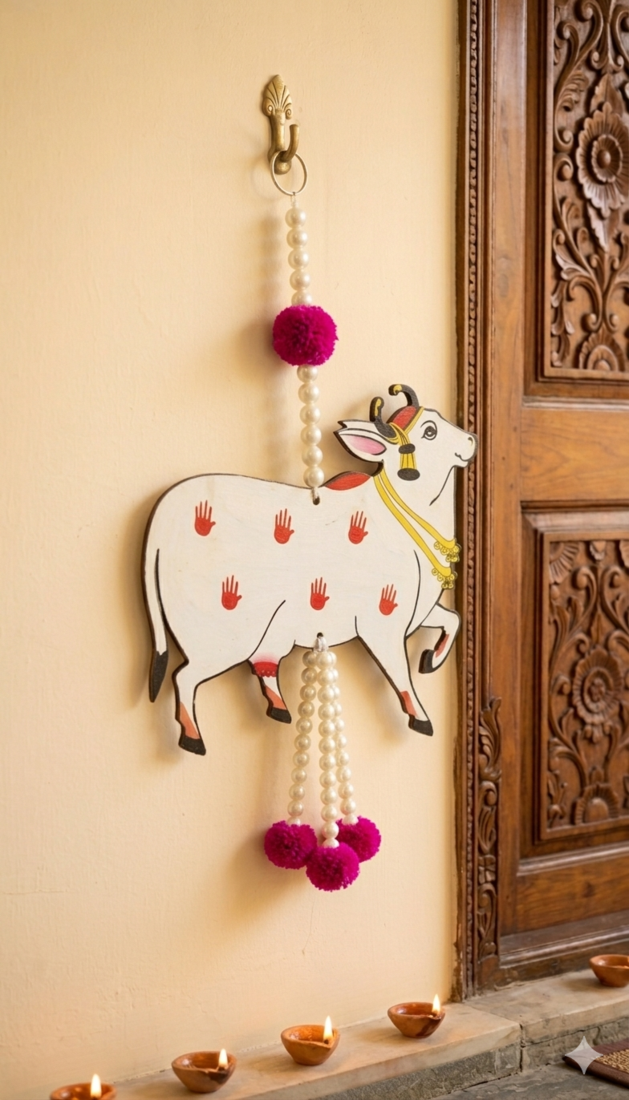 handcrafted pompom beads cow hanging door and home decorative hanging (pack of 6)