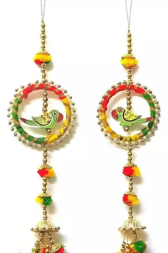 traditional decorative handmade multicolour moti chudi parrot hanging for home decor (pack of 2)