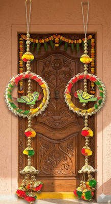 traditional decorative handmade multicolour moti chudi parrot hanging for home decor (pack of 2) 2