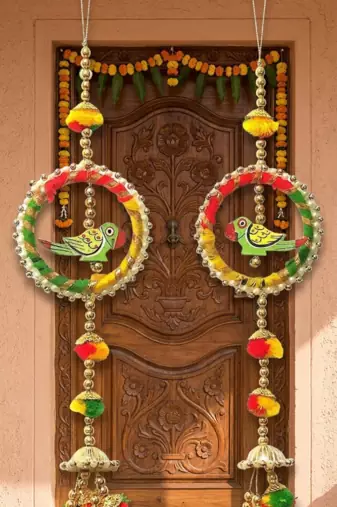 traditional decorative handmade multicolour moti chudi parrot hanging for home decor (pack of 2)
