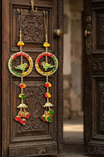 traditional decorative handmade multicolour moti chudi parrot hanging for home decor (pack of 2)
