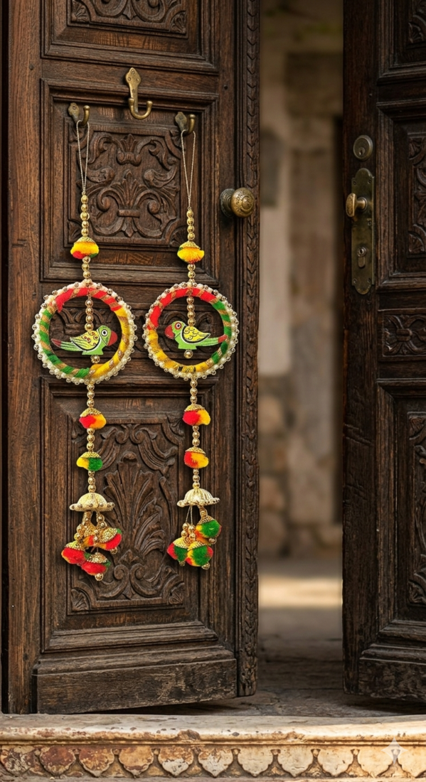 traditional decorative handmade multicolour moti chudi parrot hanging for home decor (pack of 2)