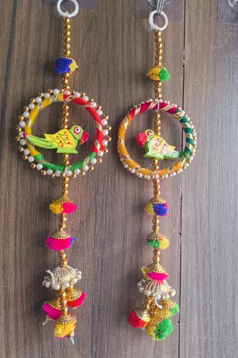 traditional decorative handmade multicolour moti chudi parrot hanging for home decor (pack of 2)