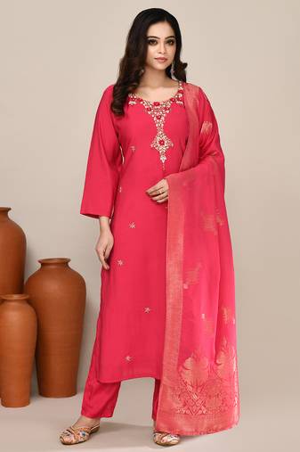 Pink chanderi embroidered kurta set