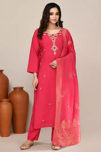 Pink chanderi embroidered kurta set