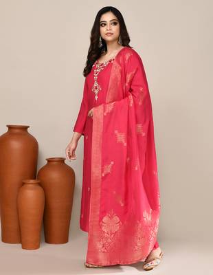 Pink chanderi embroidered kurta set 2