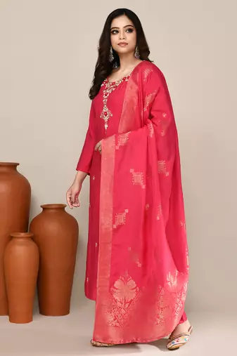 Pink chanderi embroidered kurta set