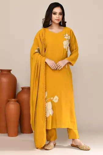 Mustard chanderi embroidered kurta set