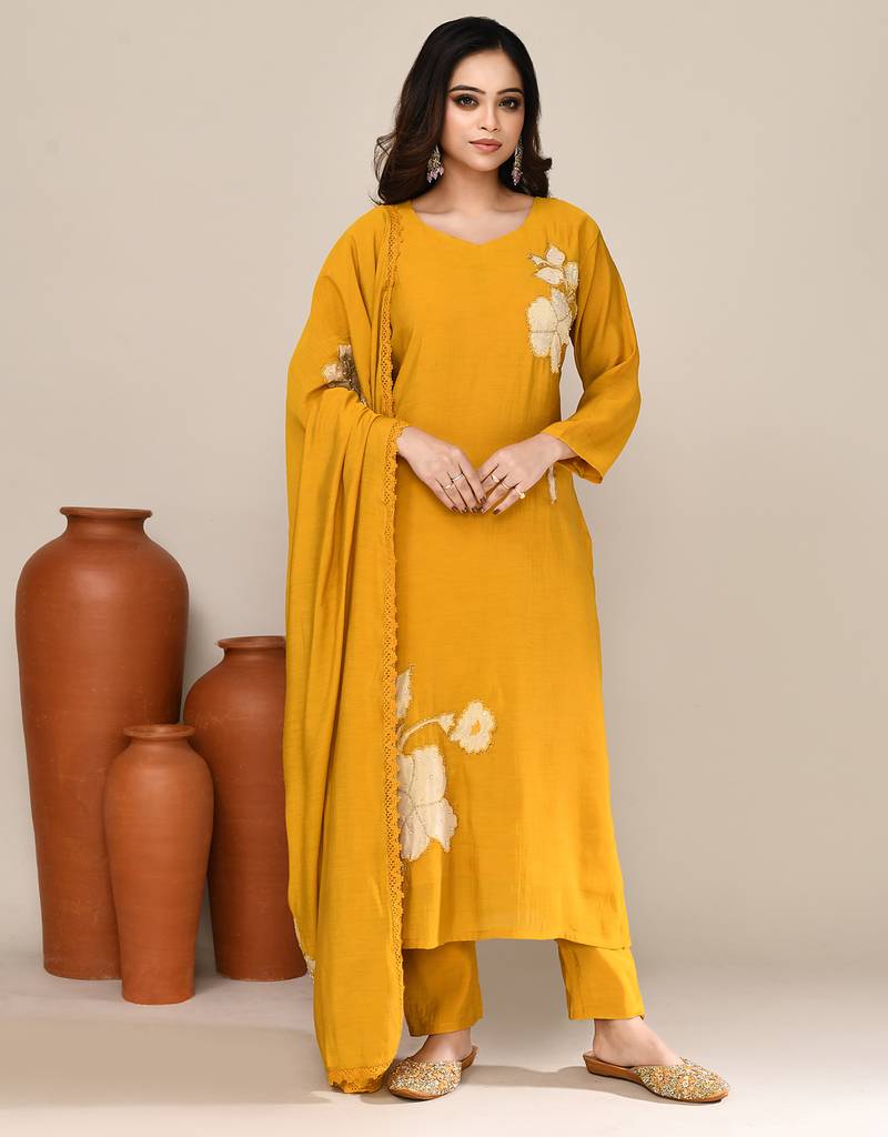 Mustard chanderi embroidered kurta set