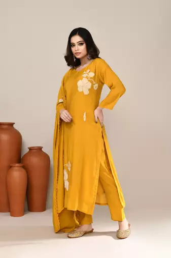 Mustard chanderi embroidered kurta set