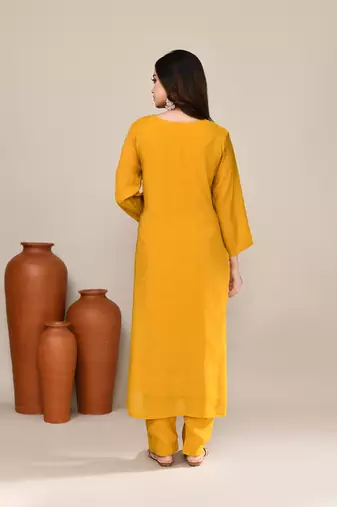 Mustard chanderi embroidered kurta set