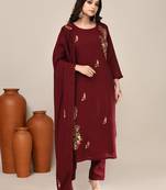 Maroon chanderi embroidered kurta set